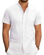 Keegan Men's Cotton Linen Shirt – Short Sleeve Grandad Collar Button-Up Shirt