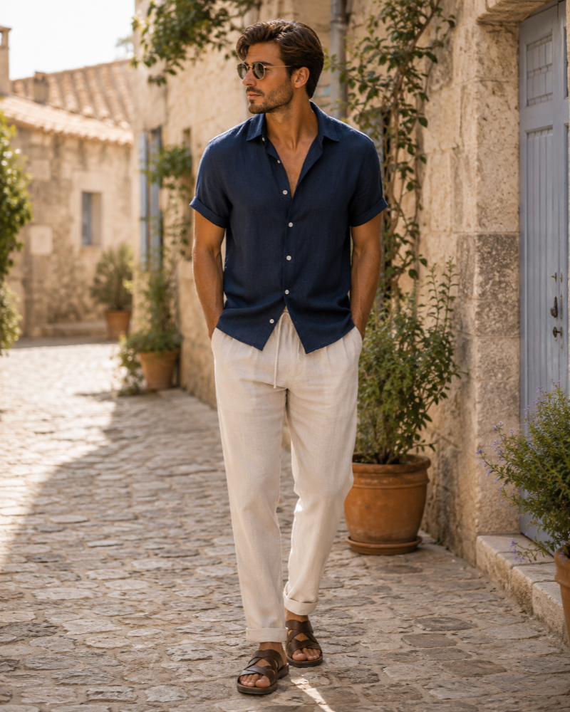 Callum Men's Summer Co-Ord Set – Linen Look Short Sleeve Shirt & Trousers