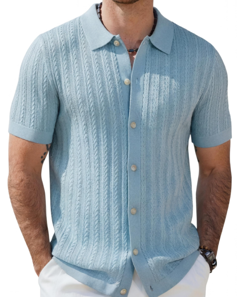 Gordon Men's Cable Knit Polo Shirt – Short Sleeve Button Front Knit Top