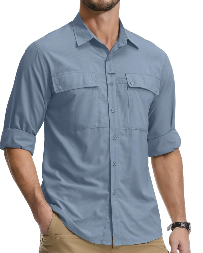 Preston Men's UPF50+ Safari Shirt – Quick-Dry Long Sleeve Hiking Shirt with Pockets