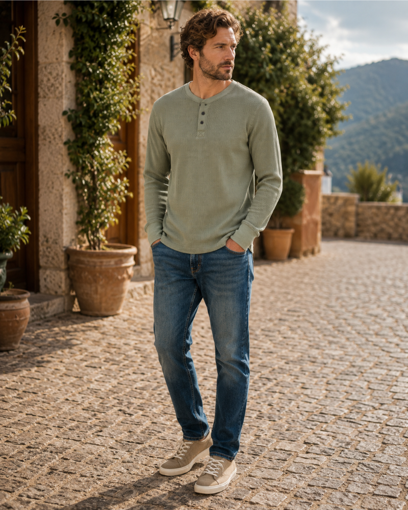 Lincoln Men's Waffle Henley T-Shirt – Long Sleeve Cotton Blend Button Neck Top