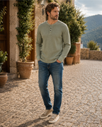 Lincoln Men's Waffle Henley T-Shirt – Long Sleeve Cotton Blend Button Neck Top