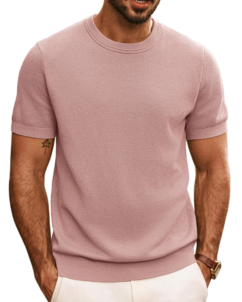 Ellison Men's Knitted T-Shirt – Textured Short Sleeve Crew Neck Knit Top