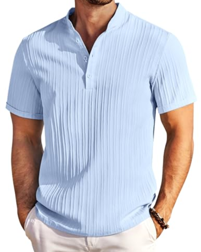 Nathan Men's Textured Henley T-Shirt – Striped Short Sleeve Button Neck Casual Top
