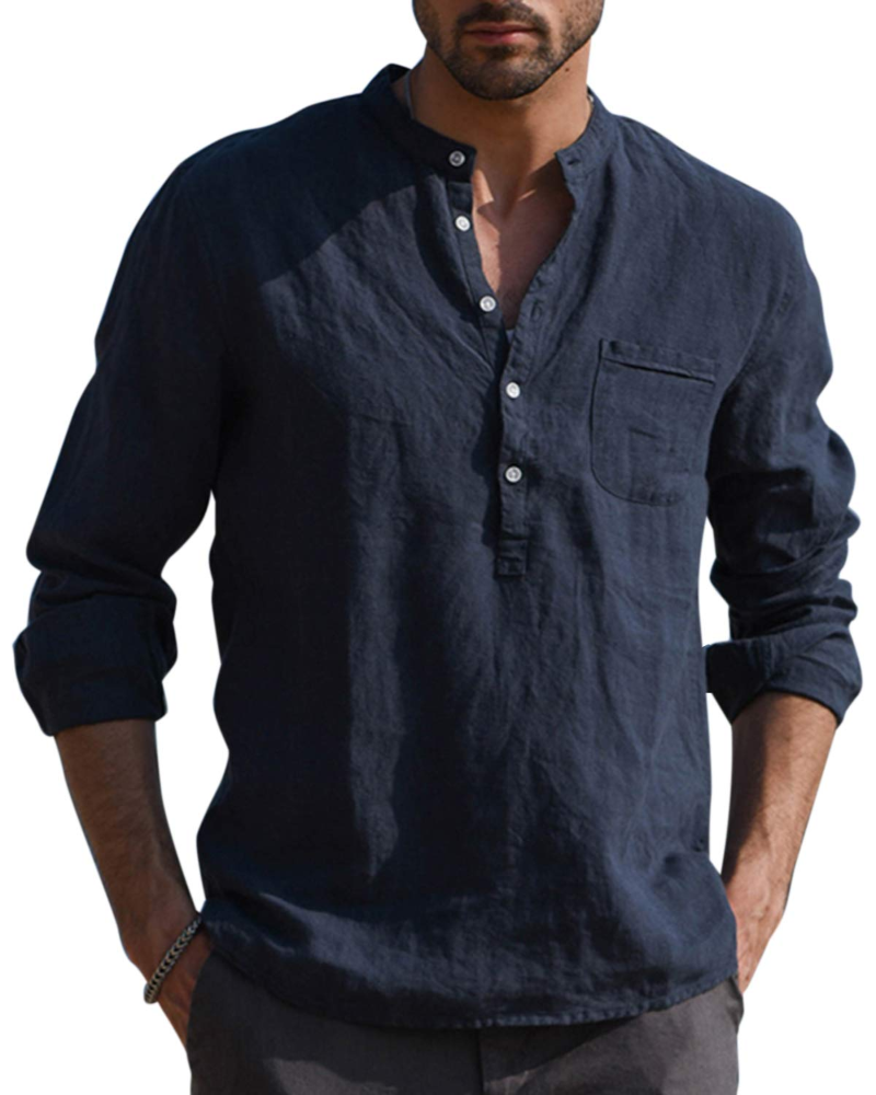 Colby Men's Linen Blend Henley Shirt – 5-Button Collarless Long Sleeve Casual Top