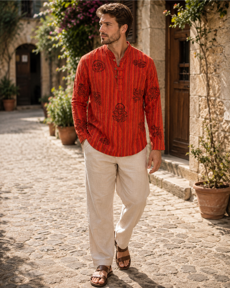 Travis Men's Cotton Grandad Shirt – Long Sleeve Tribal Print Band Collar Casual Shirt