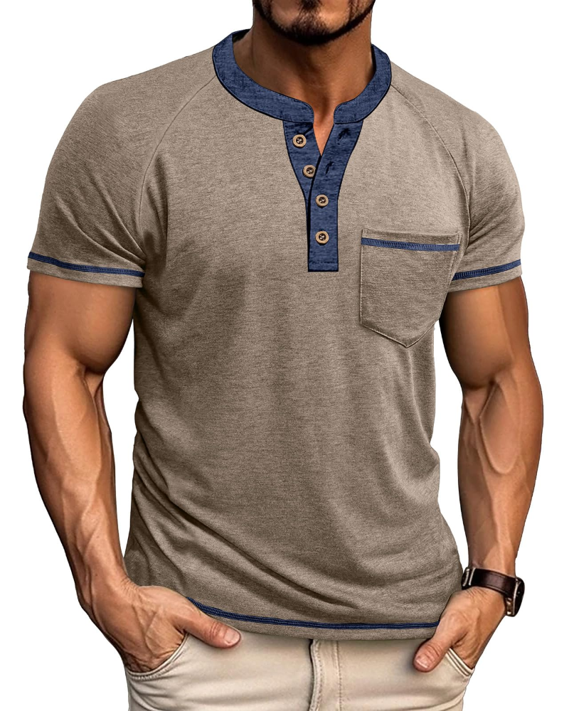 Chase Men's Grandad Collar T-Shirt – Colour Block Henley Short Sleeve Pocket Top
