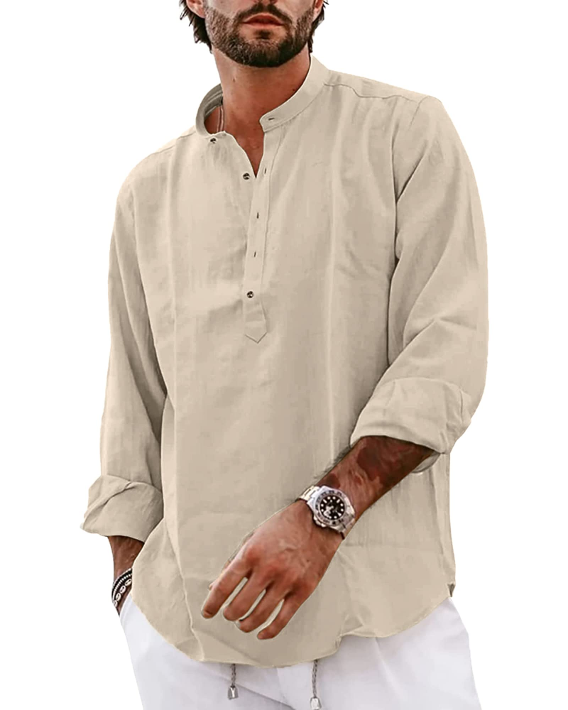 Tristan Men's Cotton Linen Henley Shirt – Long Sleeve 4-Button Casual Collarless Top