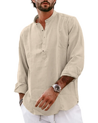 Tristan Men's Cotton Linen Henley Shirt – Long Sleeve 4-Button Casual Collarless Top