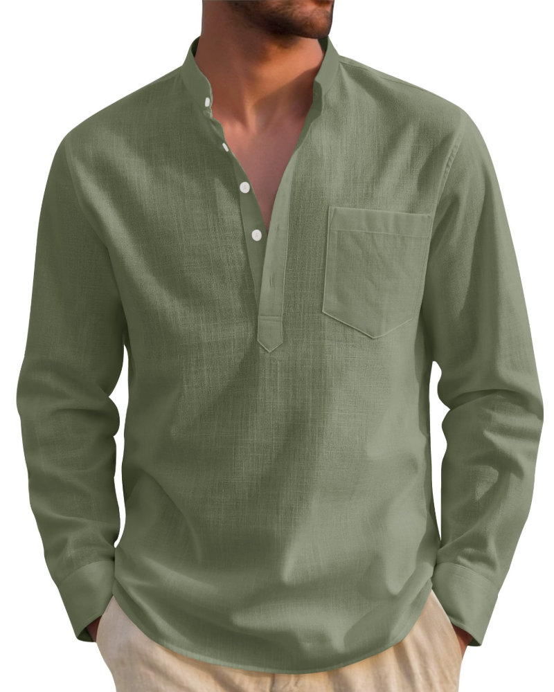 Declanson Men's Cotton Linen Henley Shirt – Long Sleeve Grandad Collar Button-Up Shirt