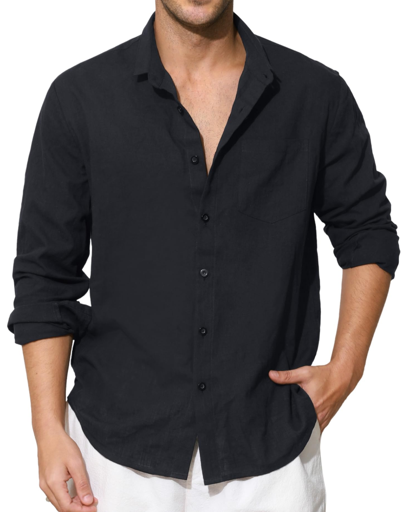 Benson Men's Cotton Linen Shirt – Long Sleeve Button-Up Casual Shirt with Chest Pocket