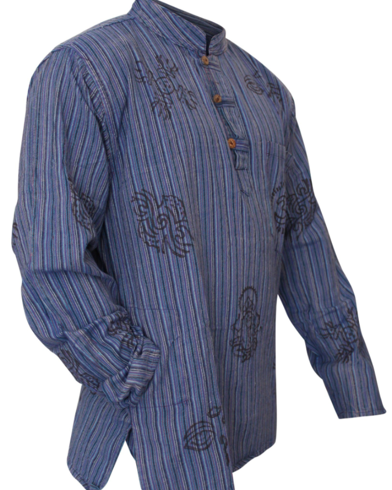 Travis Men's Cotton Grandad Shirt – Long Sleeve Tribal Print Band Collar Casual Shirt