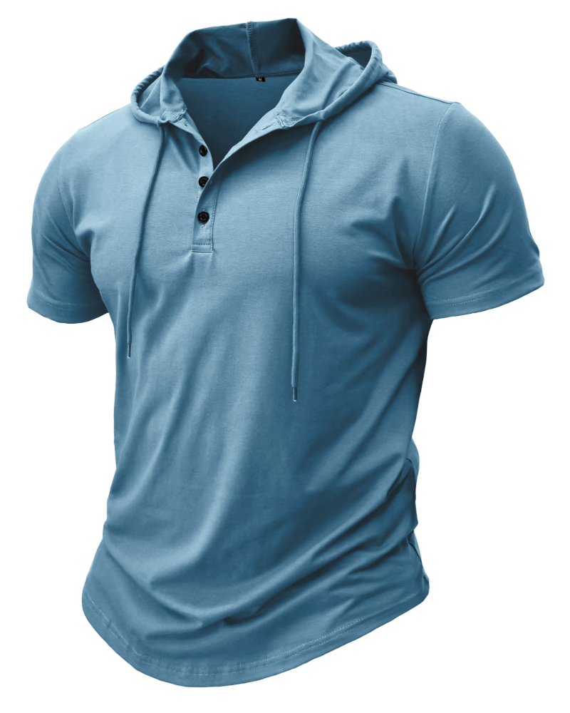 Dawson Men's Short Sleeve Hooded T-Shirt – Cotton Blend Button Neck Casual Hoodie