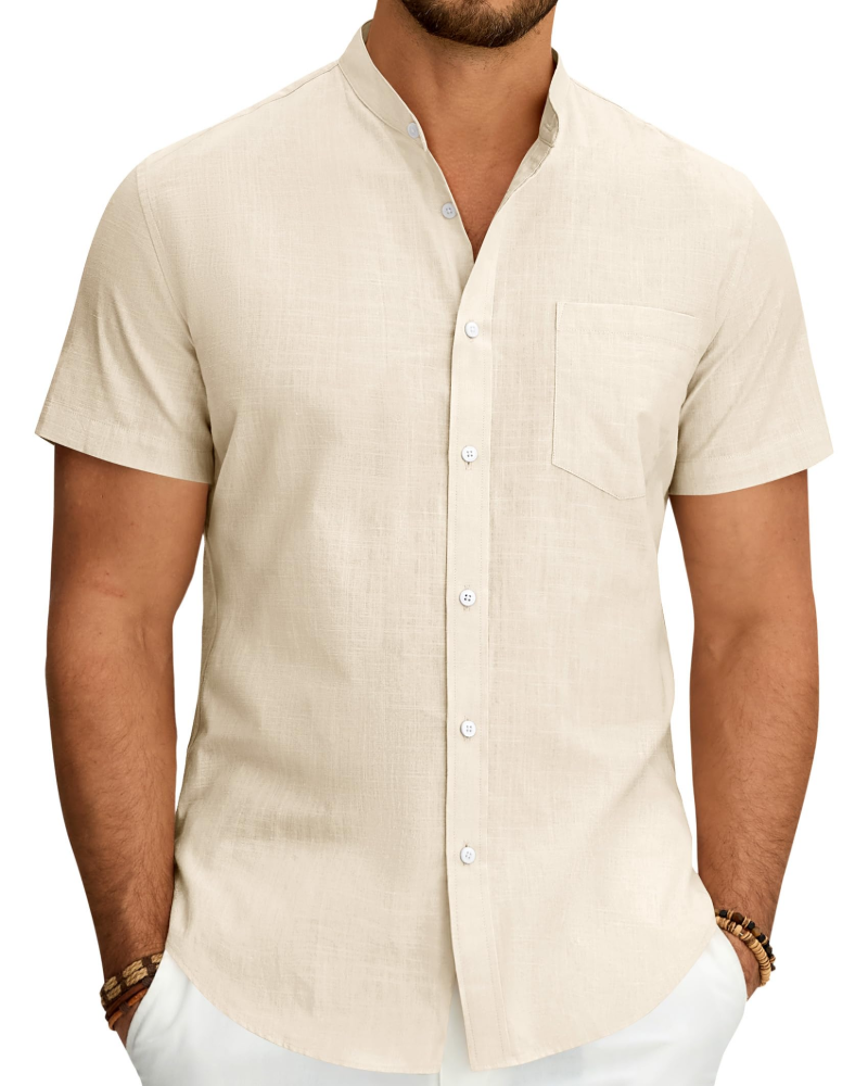 Keegan Men's Cotton Linen Shirt – Short Sleeve Grandad Collar Button-Up Shirt