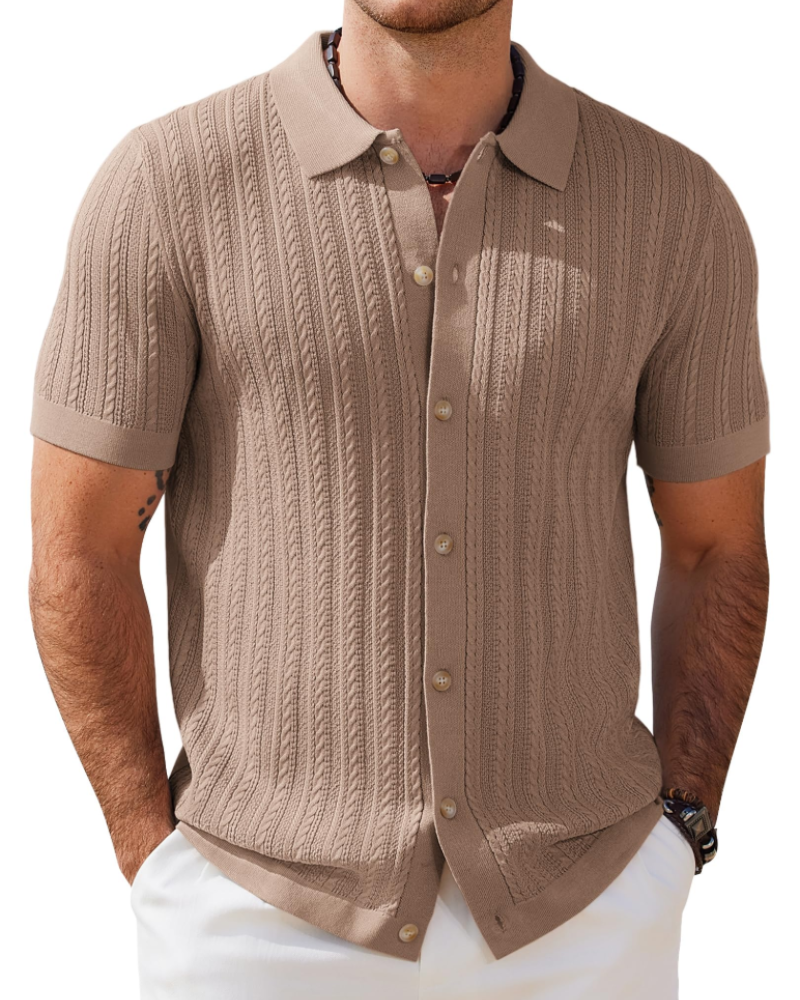 Gordon Men's Cable Knit Polo Shirt – Short Sleeve Button Front Knit Top