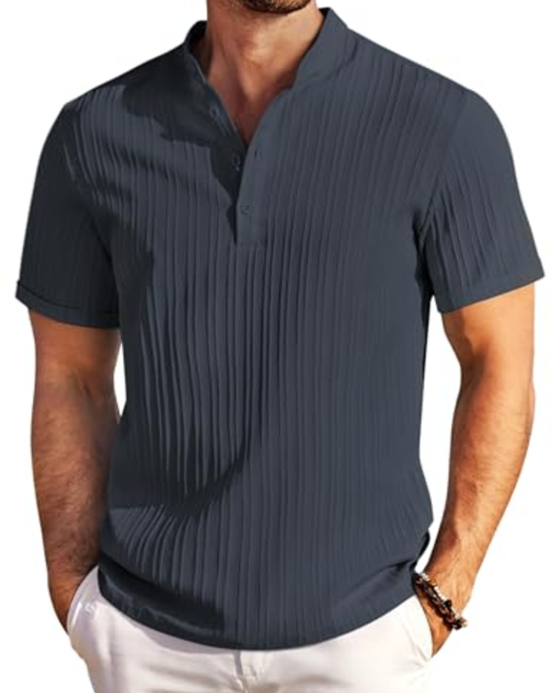 Nathan Men's Textured Henley T-Shirt – Striped Short Sleeve Button Neck Casual Top
