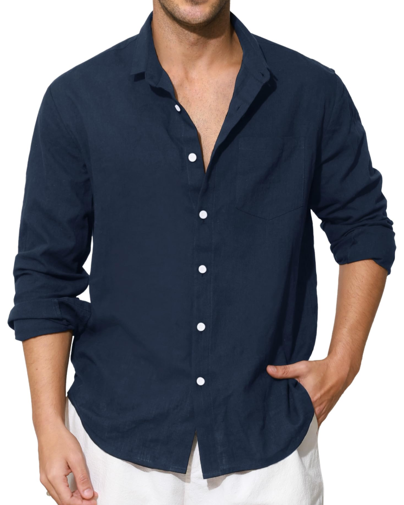 Benson Men's Cotton Linen Shirt – Long Sleeve Button-Up Casual Shirt with Chest Pocket