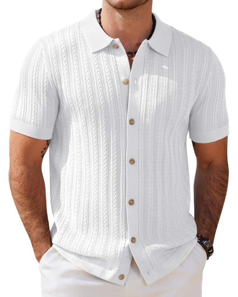 Gordon Men's Cable Knit Polo Shirt – Short Sleeve Button Front Knit Top