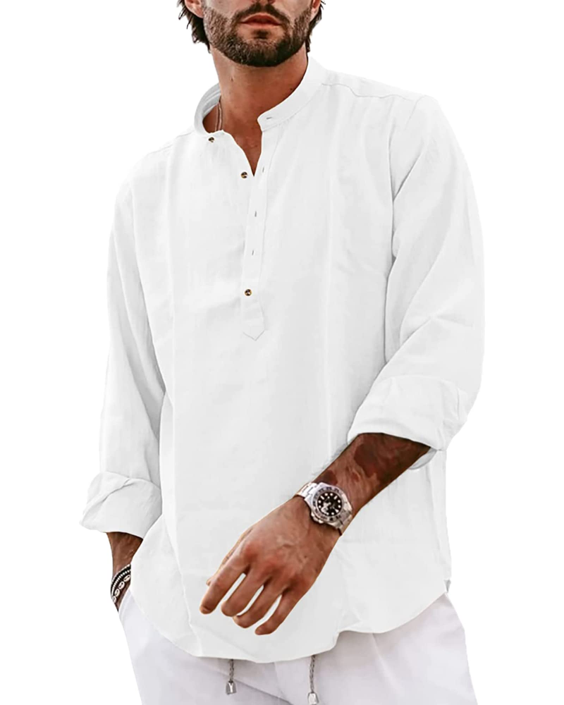 Tristan Men's Cotton Linen Henley Shirt – Long Sleeve 4-Button Casual Collarless Top