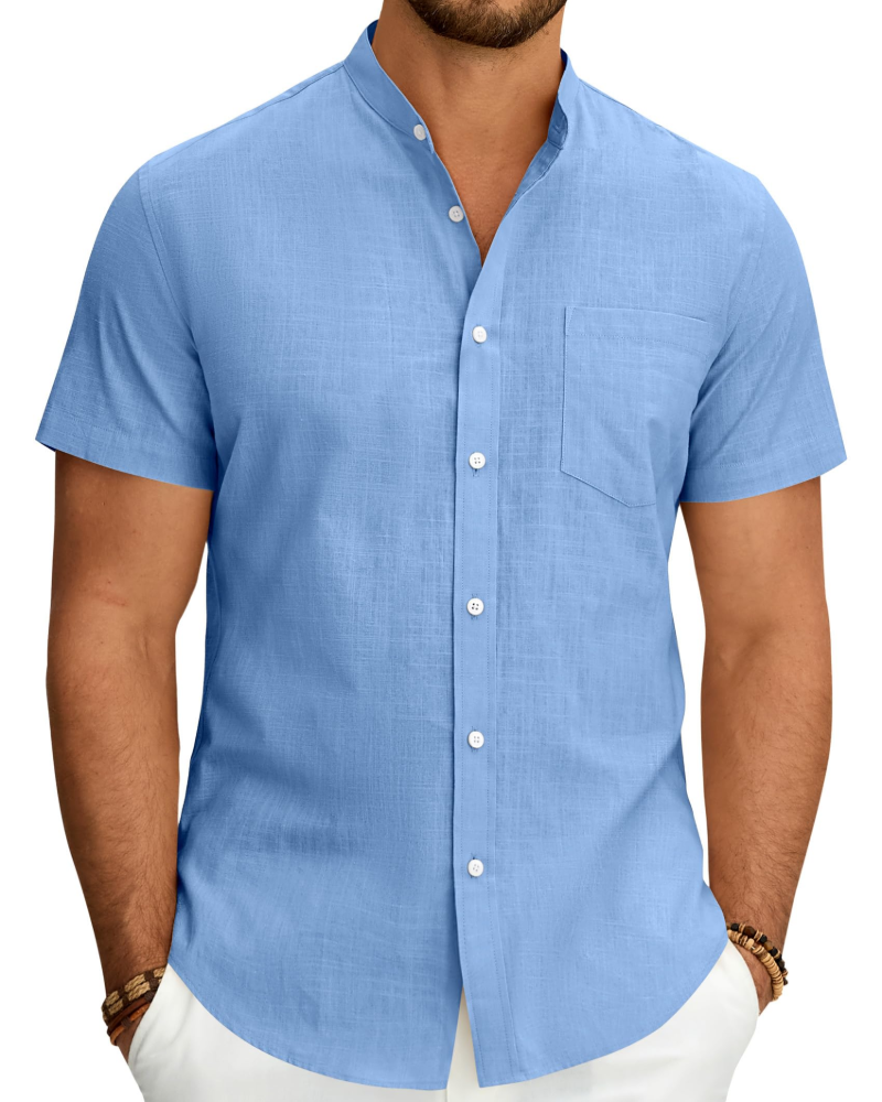 Keegan Men's Cotton Linen Shirt – Short Sleeve Grandad Collar Button-Up Shirt