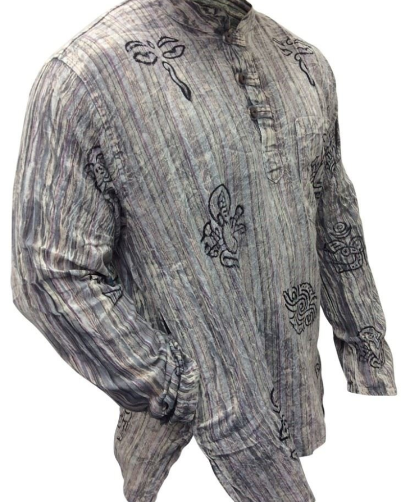 Travis Men's Cotton Grandad Shirt – Long Sleeve Tribal Print Band Collar Casual Shirt
