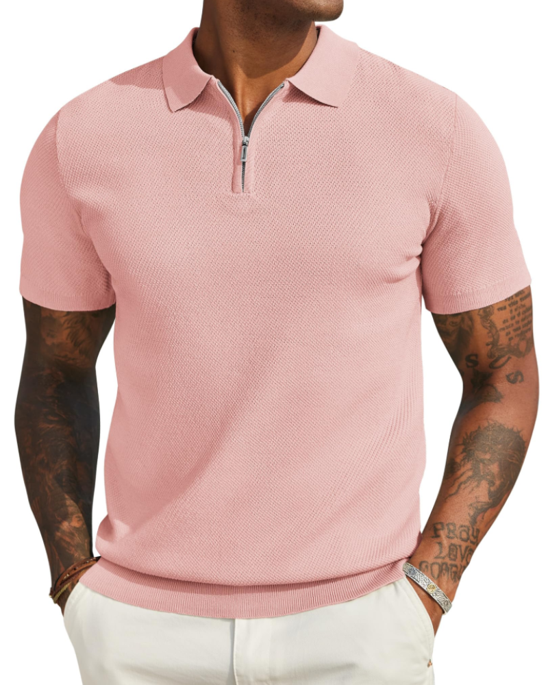 Spencer Men's Knitted Polo Shirt – Short Sleeve Quarter Zip Collared Knit Top