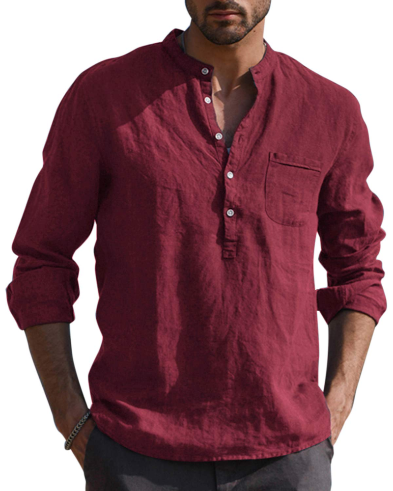 Colby Men's Linen Blend Henley Shirt – 5-Button Collarless Long Sleeve Casual Top