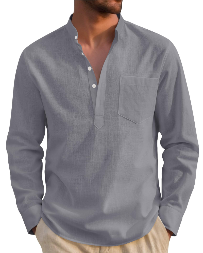 Declanson Men's Cotton Linen Henley Shirt – Long Sleeve Grandad Collar Button-Up Shirt