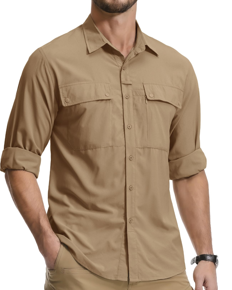 Preston Men's UPF50+ Safari Shirt – Quick-Dry Long Sleeve Hiking Shirt with Pockets
