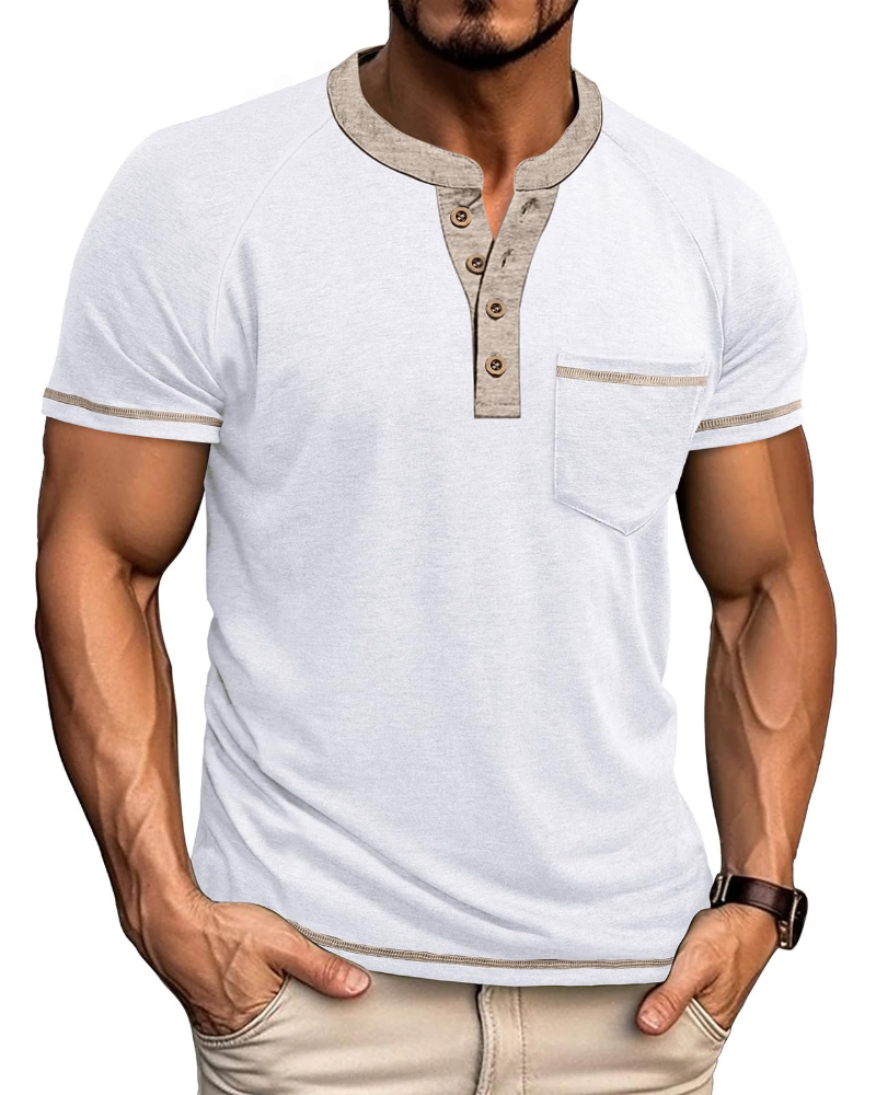 Chase Men's Grandad Collar T-Shirt – Colour Block Henley Short Sleeve Pocket Top