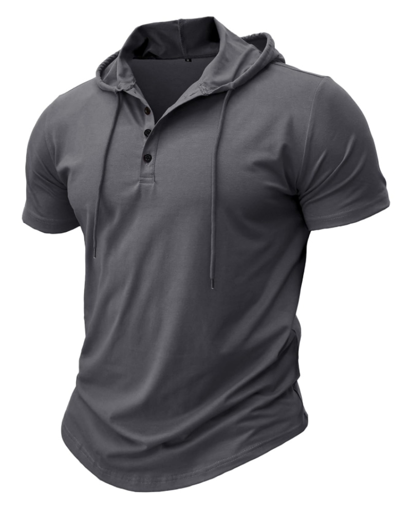 Dawson Men's Short Sleeve Hooded T-Shirt – Cotton Blend Button Neck Casual Hoodie