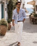 Oliver Cotton Linen Shirt – Blue & White Striped Long Sleeve Summer Shirt