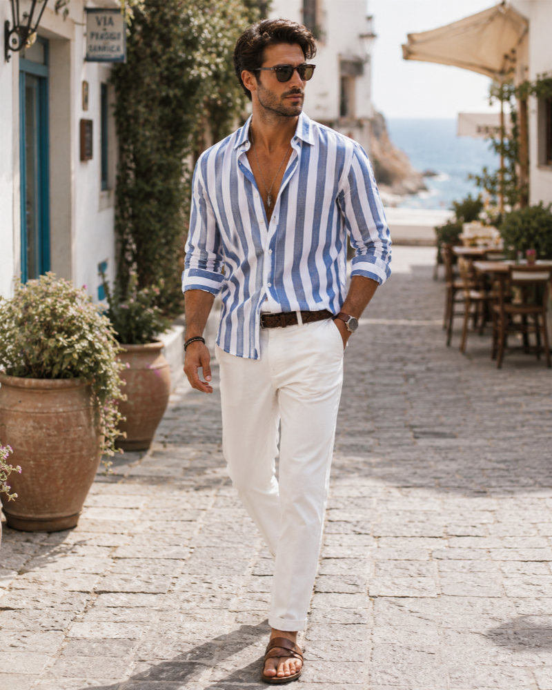 Oliver Cotton Linen Shirt – Blue & White Striped Long Sleeve Summer Shirt