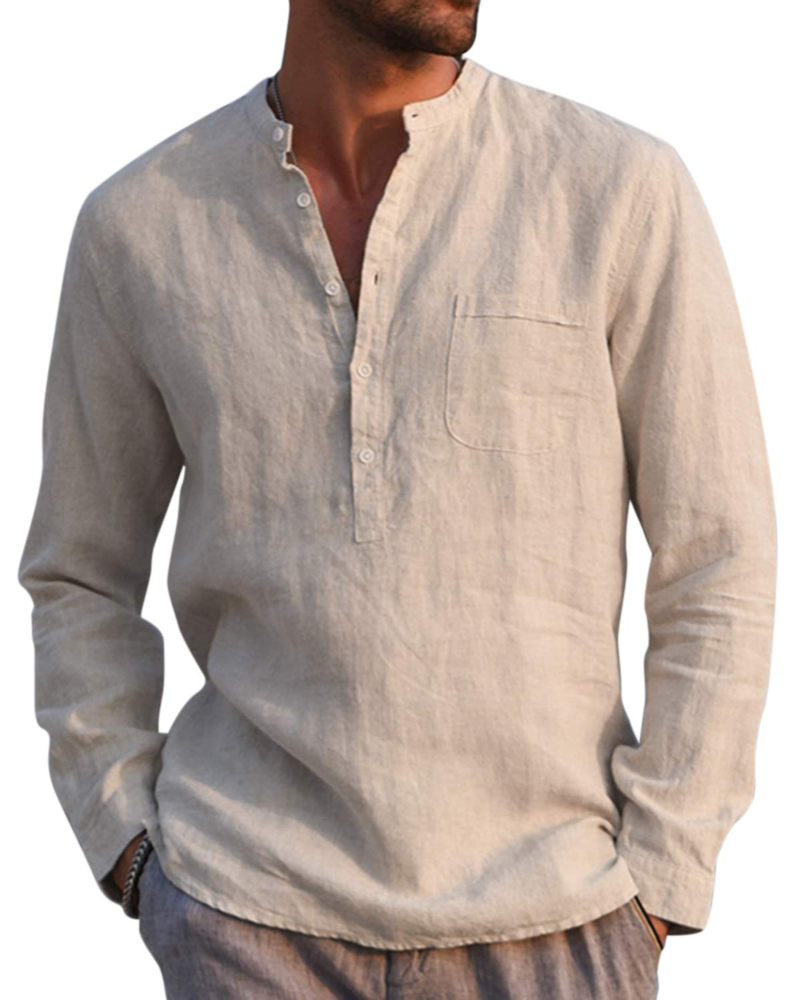 Colby Men's Linen Blend Henley Shirt – 5-Button Collarless Long Sleeve Casual Top