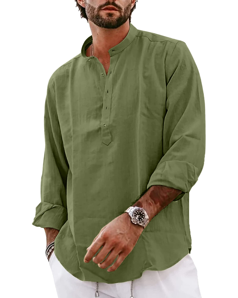 Tristan Men's Cotton Linen Henley Shirt – Long Sleeve 4-Button Casual Collarless Top
