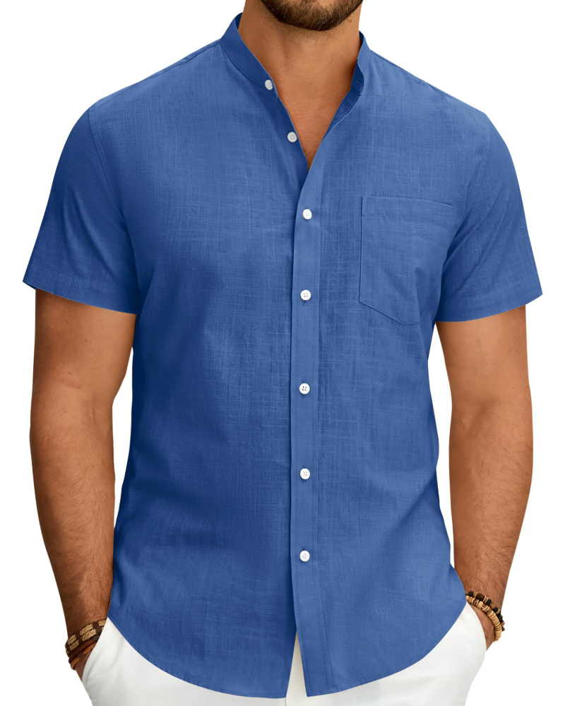 Keegan Men's Cotton Linen Shirt – Short Sleeve Grandad Collar Button-Up Shirt