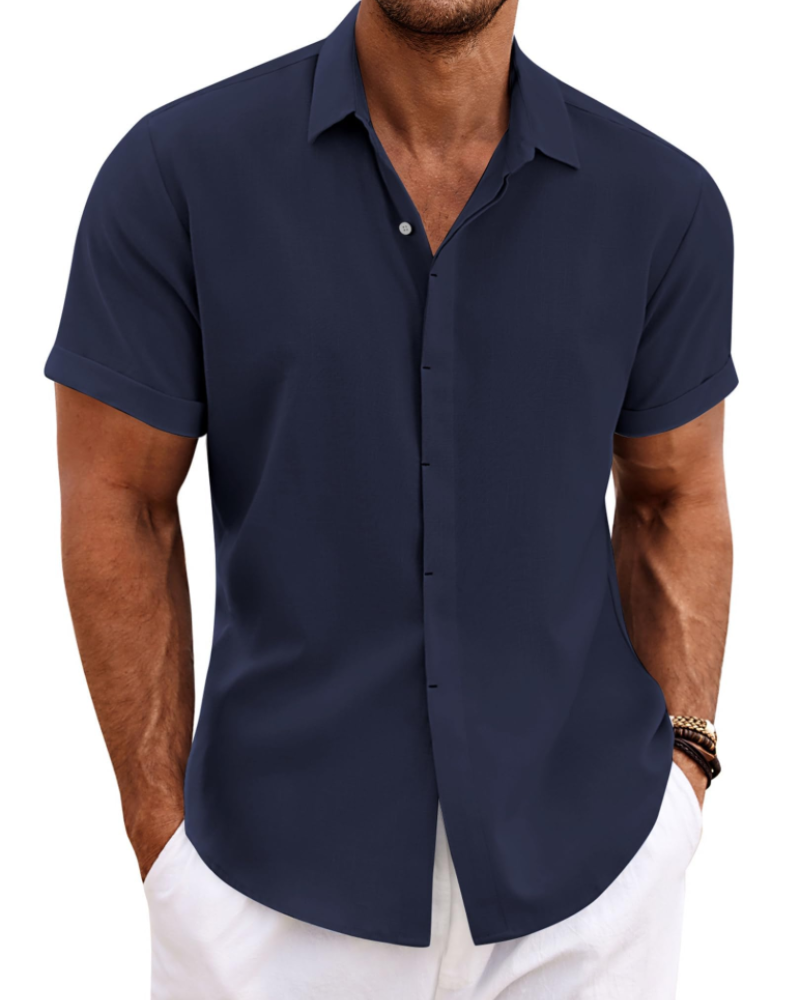 Cedric Men's Linen Blend Short Sleeve Shirt – Button-Up Casual Summer Shirt
