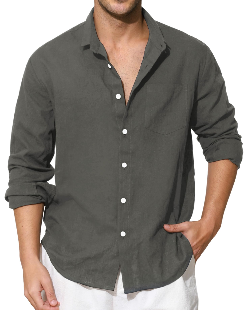 Benson Men's Cotton Linen Shirt – Long Sleeve Button-Up Casual Shirt with Chest Pocket