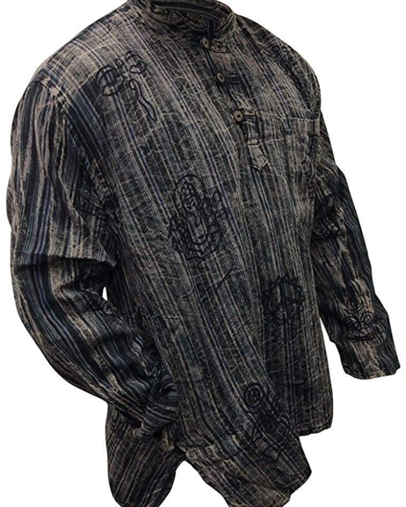 Travis Men's Cotton Grandad Shirt – Long Sleeve Tribal Print Band Collar Casual Shirt