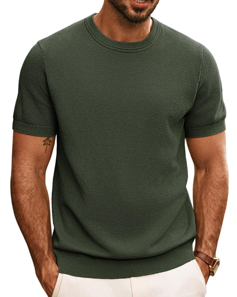 Ellison Men's Knitted T-Shirt – Textured Short Sleeve Crew Neck Knit Top