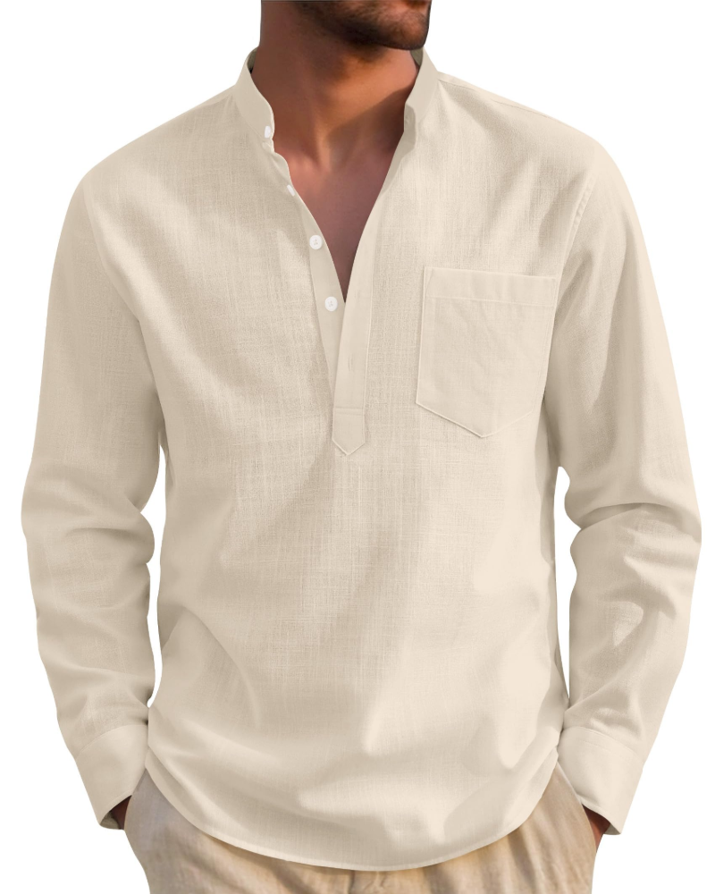 Declanson Men's Cotton Linen Henley Shirt – Long Sleeve Grandad Collar Button-Up Shirt