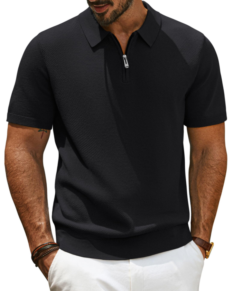 Brody Men's Knitted Polo Shirt – Short Sleeve Zip Neck Textured Knit Top