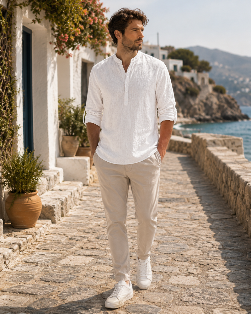 Graham Men's Linen Blend Henley Shirt – Long Sleeve Collarless Button Casual Top