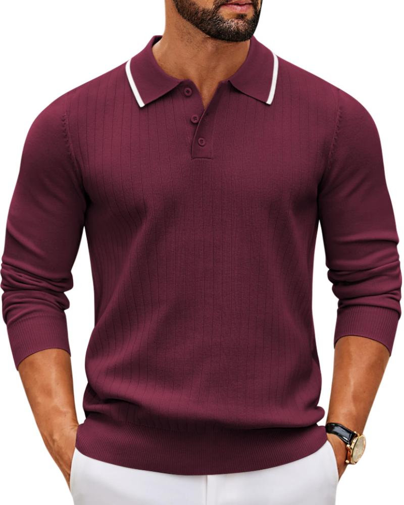Rylan Men's Polo Neck Jumper – Long Sleeve Textured Knit Quarter Button Sweater