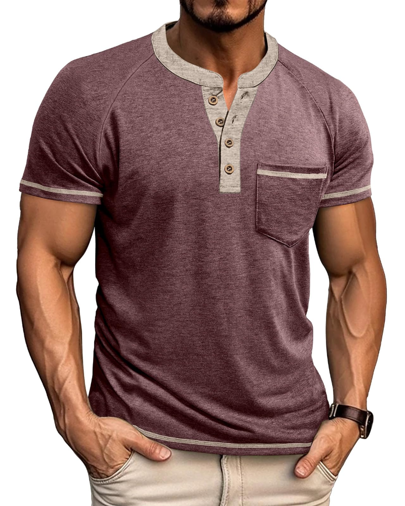 Chase Men's Grandad Collar T-Shirt – Colour Block Henley Short Sleeve Pocket Top