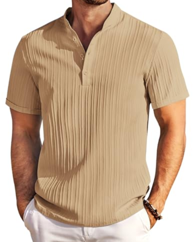Nathan Men's Textured Henley T-Shirt – Striped Short Sleeve Button Neck Casual Top