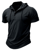 Dawson Men's Short Sleeve Hooded T-Shirt – Cotton Blend Button Neck Casual Hoodie
