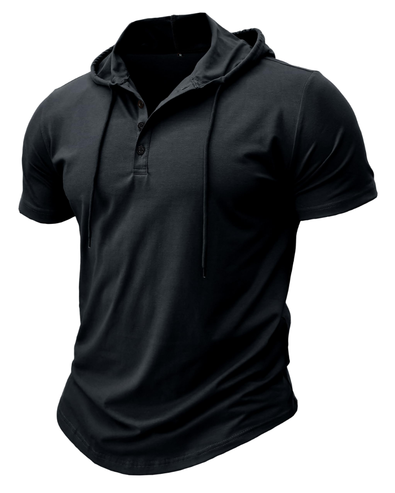 Dawson Men's Short Sleeve Hooded T-Shirt – Cotton Blend Button Neck Casual Hoodie