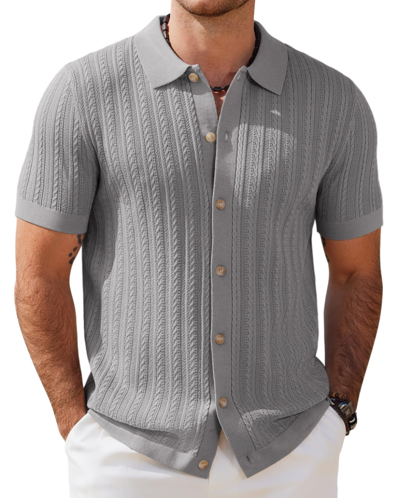Gordon Men's Cable Knit Polo Shirt – Short Sleeve Button Front Knit Top