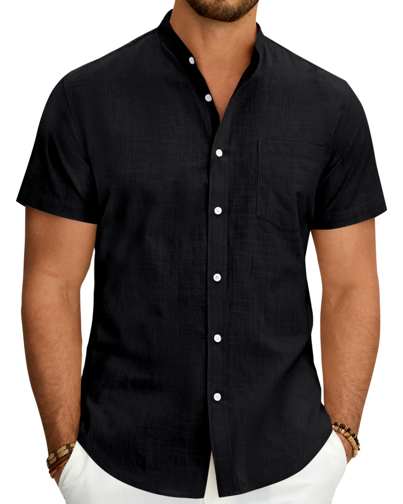 Keegan Men's Cotton Linen Shirt – Short Sleeve Grandad Collar Button-Up Shirt